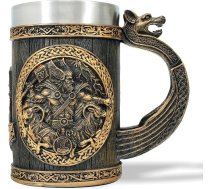 AtSKnSK vikingu alus krūze, nerūsējošā tērauda krūze, alus krūze ar vienu rokturi, ziemeļu mitoloģija, Tora āmurs, dzīvības koks, kafijas alus krūzes, Valhalla, vikingu dāvanas vīriešiem un sievietēm (Tora āmurs)