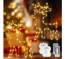 Ollny bateriju darbināms silti balts ziemeļbriežu gaismas logu dekors, 120 LED Ziemassvētku rotājumi ar 1 m kabeli, 8 režīmi un taimeris logu apgaismošanai, karājamais Ziemassvētku dekors, 2 gab. iepakojumā