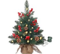 Mini Ziemassvētku eglīte ar LED gaismas virtenēm, mākslīgā galda Ziemassvētku eglīte ar priežu čiekuriem un sarkanām ogām, maza Ziemassvētku eglīte mājām, birojam, bāram, ēdamgalda dekorācijām
