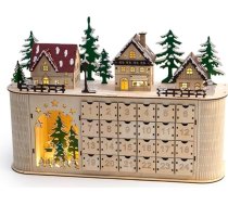 LED koka Adventes kalendāra izgatavošanas komplekts, 44 x 30 x 12,5 cm, silti balta apgaismojuma, dabīgā koka ar egļu kokiem, 24 durvīm, darbojas ar baterijām, tradicionāls dizains palodzes un galda dekorēšanai