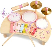 Koka bungu komplekts – Montessori mūzikas instrumenti maziem bērniem, koka bungu komplekts ar ksilofonu, mūzikas rotaļlietas pirmsskolas vecuma bērniem, izglītojoša dzimšanas dienas dāvana zēniem un meitenēm (rozā)