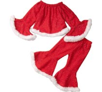Divasdaļīgs treniņtērps mazām meitenēm Ziemassvētku apdruka Atvērtā apkakle Kokvilnas garās piedurknēs Biksēs Fleece augšdaļas Bell Bottom komplekts Apģērbs Jaundzimušajām meitenēm