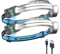 Smiling Shark TS-2 galvas lukturis, LED galvas lukturis, uzlādējams 2400 mAh ar pagriežamu dubultu prožektoru un prožektoru un strobu ar kustības sensoru, bezroku dizains kempingam, skriešanai, pārgājieniem, skriešanai (2 gab.)