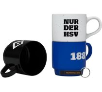Hamburger SV HSV krūžu komplekts, 3 gab. – Oficiālais suvenīrs – 0,3 l krūzes zilā, baltā un melnā krāsā ar uzrakstu „1887”, dimantu un „Nur der HSV” – piemērotas mazgāšanai trauku mazgājamā mašīnā un lietošanai mikroviļ