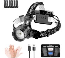 LED uzlādējams galvas lukturis 120 000 lūmenu, 9000 mAh, ar kustības sensoru, 90° pagriežamu galvu, 3 spilgtuma līmeņiem un tālummaiņu (plašs/tuvs diapazons), IPX7, piemērots kempingam, pārgājieniem, alpīnisma, makšķerēšanai