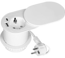 Mēbeles kontaktligzda ?6cm, iebūvēta galda virsmā ar bīdāmu vāciņu, USB lādētājs un kabelis 1,9m, 1x2P+Z (Schuko), 2xUSB (A+C tips; PD20W), balta