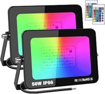 2 iepakojumi 50W RGB āra LED prožektors ar tālvadības pulti, 16 krāsas, 4 režīmi, atmiņas funkcija, āra/ iekštelpu prožektors, IP66 ūdensizturīgs neona LED prožektors dārzam, terasei, ballītei