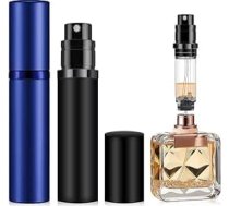 Smaržu smidzinātājs, atkārtoti uzpildāms, 5 ml, ceļojuma izmēra nano migliņa, grīdas sūknis, ūdensnecaurlaidīgs koloņas dozators vīriešiem un sievietēm, melns un zils, 2 gab. iepakojums