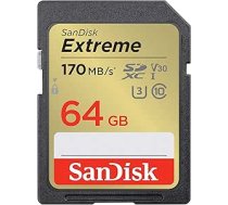 SanDisk Extreme SDXC UHS-I atmiņas karte 64 GB (V30, 170 MB/s datu pārraide, U3, 4K UHD video, SanDisk QuickFlow tehnoloģija, ūdensizturīga, triecienizturīga, temperatūras izturība)