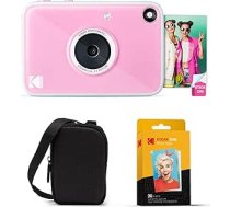 Kodak Printomatic+ tūlītējās digitālās fotokameras sākumkomplekts ar futrālīti un 20 cinka fotopapīru - 10 MP RGB LED pilnkrāsainas fotogrāfijas - rozā krāsā