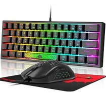 60% Mini spēļu tastatūras un peles komplekts, melns, QWERTY izkārtojums, RGB Rainbow LED izgaismota mehāniskā tastatūra, 12000 DPI Honeycomb USB vadu pele PC portatīvajam datoram