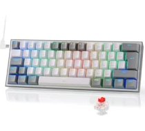 Redragon K617 Fizz 60% vācu QWERTZ izkārtojuma spēļu tastatūra, RGB vadu spēļu tastatūra, 62 taustiņi, Hot Swap sarkani slēdži, programmējamas pogas, noņemams USB C tipa kabelis - pelēka un balta krāsā