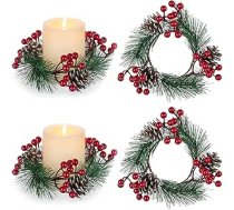 BLOSMON Ziemassvētku vainaga sveces Adventes vainags: Ziemassvētku vainags: 4 mini Ziemassvētku vainags dekorēšanai Baltas ogas Priežu čiekuri Ziemassvētku dekorēšanai Kāzu galda dekorēšanai Mākslīgais durvju vainags logam