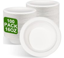greensight 100 papīra bļodu komplekts Vienreizlietojamās zupas bļodas 470 ml cukurniedru cukurniedru vienreizlietojamie trauki Zupas šķīvji Organic Party Round White Kompostējami vienreizlietojamie šķīvji Deep