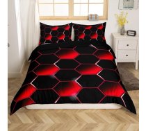 Honeycomb Bērnu gultas veļas komplekts, moderns ģeometrijas sešstūra sešstūra gultas veļas pārklājs zēniem, bērniem, pusaudžiem un pusaudžiem, istabas dekors, ģeometriskais bišu strops, melns, sarkans sega 135 x 200 cm ar 1 spilvendrānu