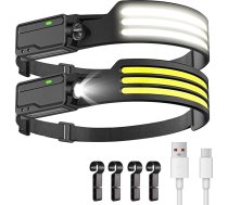 LED uzlādējams galvas lukturis, 1200 mAh, kustības sensors, 3 LED diodes, 6 gaismas režīmi, 230° platleņķa galvas lukturis pieaugušajiem, bērniem, kempingam, skriešanai, pārgājieniem, riteņbraukšanai, 2 gab. iepakojumā