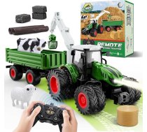 Tālvadības traktors – 2,4 GHz RC rotaļlieta, 1:16 mēroga traktors ar piekabi un apgaismojumu, koku stumbriem, govi, aitām un siena ruļļiem; dāvana bērniem vecumā no 3 līdz 12 gadiem; Ziemassvētku dāvana