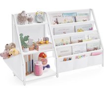 SONGMICS GKR024W01 Bērnu grāmatu plaukts, rotaļlietu plaukts, grāmatu organizētājs, ar sānu kabatu, 75 cm augsts, bērnu istabai, rotaļu istabai, balts