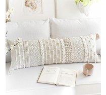 BlissBlush White Cream Boho jostas spilvens 14x36 collu neitrāls ķermeņa spilvena pārvalks bohēmisks austs teksturēts jostas spilvens lauku mājas spilvena pārvalks (tikai pārvalks, 14x36 collu)