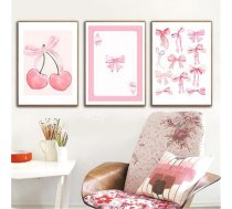 Rozā Aura Plakātu komplekts, rozā estētiskās bildes guļamistaba Teenager meitenes, Modern Premium Stylish Watercolour Bow Cherry Pictures Sienas apdare Sienas bildes Dzīvojamā istaba (#03, 50 x 70 cm, bez rāmja)