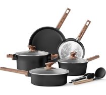 Kitchen Academy neslīdošu indukcijas katlu komplekts ar stikla vāku, katlu un pannu komplekti, keramikas, gatavošanas katlu komplekts, neslīdošu alumīnija katlu komplekts ar vāku (melns, 10 gab.)