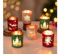 Tējas gaismas turētājs Ziemassvētku laterna Ziemassvētku dekorēšanas galds: Svečturi: Hewory 6 tējas gaismas glāžu komplekts Ziemassvētku dekorēšana Sveces turētājs galda dekorēšanai Ziemassvētku svinību dekorēšana Sarkans zaļš bal