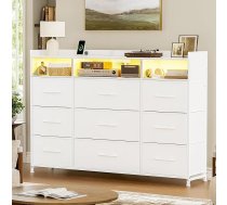 Komode mit Ladestation und LED-Beleuchtung, TV-Kommode mit 9 Stoffschublade, Aufbewahrungsschrank mit Holzplatte für Schlafzimmer, Wohnzimmer, Flur, Weiß