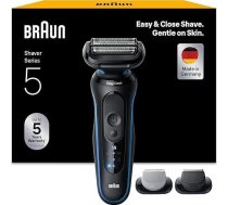 Braun Series 5 vīriešu skuveklis ar 50 minūšu akumulatora darbības ilgumu, 2 pielikumi, bezvadu mitrs un sauss skuveklis vīriešiem, ražots Vācijā, ūdensizturīgs, 52-B1650s, zils