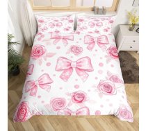 Homemissing Romantisks Bowknot gultas veļas komplekts 135 x 200 cm bērniem Zēni Meitenes Rozā Bow gultas veļas komplekts Rose Flowers ziedu sega ar 1 spilvendrānu Bowknot Flower ar Zip