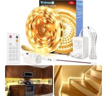 WOBANE LED lente ar kustības sensoru, 5 m LED lente, silti balta, aptumšojama, 12 V elastīga LED lente ar RF tālvadības pulti, LED nakts gaisma ar gaismas sensoru skapim, kāpnēm, gultai, virtuvei, skapim