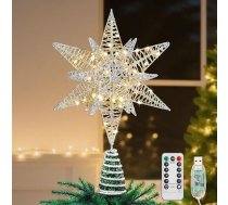 Lewondr Ziemassvētku eglītes galotnes zvaigzne, 3D sešstūra formas LED lampa, Ziemassvētku zvaigzne eglītes galotnei ar taimeri/8 gaismas režīmiem, USB barošanas tālvadības pults, Ziemassvētku rotājums, Ziemassvētku eglīte, Zvaigzne, Siltā