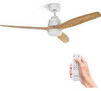 Ufesa griestu ventilators ar LED apgaismojumu, 40 W, 6 ātruma pakāpes, īpaši kluss, 3 lāpstas no dabīgā koka, 132 cm, vasaras–ziemas režīms, 8 stundu taimeris, 3 apgaismojuma intensitātes līmeņi, tālvadības pults, balts – gaiša koka kr