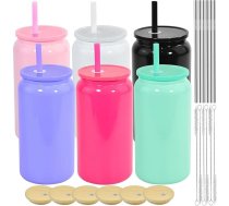 Nerūsējošā tērauda krūzes, 16 unču dubultās sienas izolētas Mason Jar krūzes, sublimācijas tehnoloģijā apdrukātas alus bundžiņas ar vāciņiem un salmiņiem, aukstās kafijas krūzes ūdenim, kolai, kafijai, limonādei un tējai, 6 gab. ie