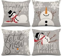 AnyDesign pelēks Ziemassvētku spilvenu pārvalks ar sniegavīru – dekoratīvais spilvenu pārvalks ar uzrakstu „Let It Snow“, „Merry Christmas“ un „Hello Winter“ mājām, lauku stilā, dīvānam, sofai vai automašīnai, 45x45 cm, 4 gab. i