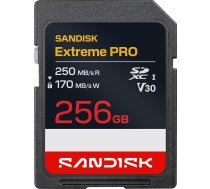 SANDISK Extreme PRO SD UHS-I 256GB karte (līdz 250MB/s lasīšanas ātrums un 170MB/s rakstīšanas ātrums, 4K UHD video, U3, V30) Memory Zone App
