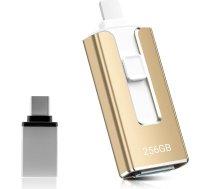 USB zibatmiņas karte 256 GB tālrunim, 4-in-1 atmiņas karte iPhone/iPad/Android/PC, USB 3.0 atmiņas karte, ātrgaitas zibatmiņas disks, ātrdarbīga foto zibatmiņas karte, fotoattēlu dublēšana, fotoattēlu video, zelta krāsā