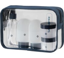 Samsonite TA Revolution ceļojumu pudeļu komplekts rokas bagāžai, 3 x 60 ml silikona pudeles un 2 x 30 ml trauciņi, lidmašīnas ceļojumu komplekts, caurspīdīgs tualetes piederumu maisiņš, pusnakts zils