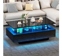 YITAHOME Kafijas galdiņš melns Dzīvojamās istabas galds ar 16 krāsu LED apgaismojumu, melns, sānu galds ar atvērtu plauktu un 4 izvelkamām atvilktnēm 90 x 55 x 41,1 cm