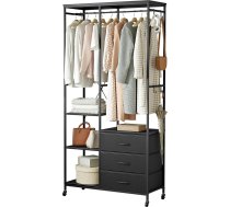 Drēbju drēbju sliedes Heavy Duty Closet Rack - brīvi stāvošs pārnēsājams drēbju skapis ar riteņiem, koka virsma, tērauda rāmis, auduma atvilktnes un regulējami plaukti, melns