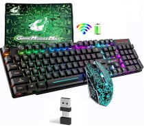 Rainbow Backlit bezvadu tastatūra 2.4G uzlādējama mehāniskā sajūta 104 taustiņi spēļu tastatūra + 2400DPI 6 taustiņi optiskā Rainbow LED spēļu pele + peles paliktņi