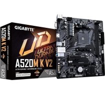 GIGABYTE A520M K V2 pamatplate - Atbalsta AMD Ryzen 5000 sērijas AM4 procesorus, līdz 5100 MHz DDR4 (OC), PCIe Gen3 x4 M.2, GbE LAN, USB 3.2 Gen 1