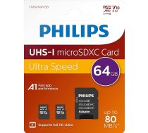 Philips Ultra Speed microSDXC karte 2x 64 GB + SD adapteris UHS-I U1, nolasīšanas ātrums līdz 80 MB/s, A1 ātrdarbība, V10, atmiņas karte viedtālruņiem, planšetdatoriem, datoriem, karšu lasītājs, Full HD video