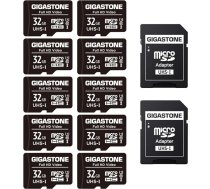 GIGASTONE 32GB MicroSDHC atmiņas karte 10 gab. iepakojumā + SD adapteris rīcības kamerai, GoPro, dronam un planšetdatoram, līdz 90MB/s, Full HD video ierakstīšana, Micro SD karte UHS-I Class 10 U1