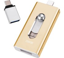 USB zibatmiņas karte iPhone 256 GB, [MFi sertificēta] 4-in-1 zibatmiņas karte iPhone fotoattēliem, video, pārsūtīšanai un dublēšanai, bez lietotnes, saderīga ar iOS/Android/PC/Mac, zelta krāsā