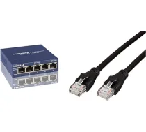 Netgear GS105GE 5 portu nepārvaldāms gigabitu vara komutators (līdz 1000 Mb/s datu pārraide, Plug and Play, bez ventilatora) & Amazon Basics Ethernet tīkla kabelis, RJ45, Cat6, 0,9 m, 1000 Mbit/s