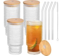 4 x 473 ml ūdens glāzes, ribotas ledus kafijas krūzes, origami stila, stikla krūzes alus, kokteiļiem, pienam, ledusūdenim, sulai, kafijai (apaļas ar vāku)