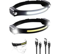 LED uzlādējams galvas lukturis, super spilgts 1200 lūmenu sensora galvas lukturis, 2 spot gaismas 230° COB galvas lukturis ar 5 gaismas režīmiem, 12 stundu darbības laiks, IPX4 ūdensizturīgs, ideāli piemērots skriešanai, kempingam (2 gab. iepa