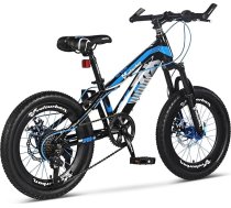18 collu bērnu kalnu velosipēds 4–7 gadus veciem bērniem – 7 pārnesumu Shimano pārnesumu sistēma, disku bremzes priekšā un aizmugurē, atsperes dakša, tērauda rāmis – zils un melns