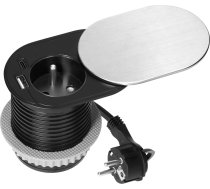 Mēbeles kontaktligzda ?6cm, iebūvēta darba virsmā ar bīdāmu vāciņu, USB lādētājs un kabelis 1,9m, 1x2P+Z (franču), 2xUSB (A+C tips; PD20W), sudrabs