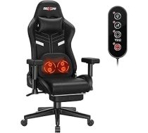 Douxlife spēļu krēsls ar masāžas un sildīšanas funkciju, ergonomisks biroja krēsls ar kāju balstu, regulējams 90°-175° leņķī, polsterēts 2D roku balsts, datorspēlētāja krēsls, 181 kg, melns